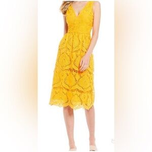 GIANNI BINI Lace Midi Dress Yellow Gold Deep V Neck Size 2